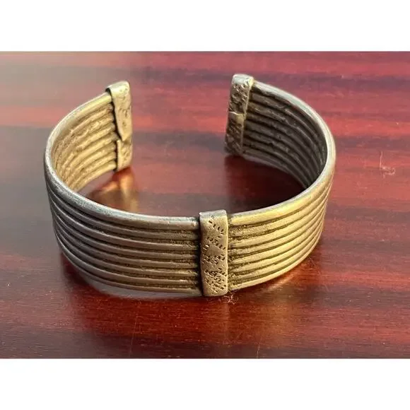 VTG Sterling Silver Ribbed Cuffed Bracelet Brutalist Tribal Southwestern 96gm - Picture 2 of 6